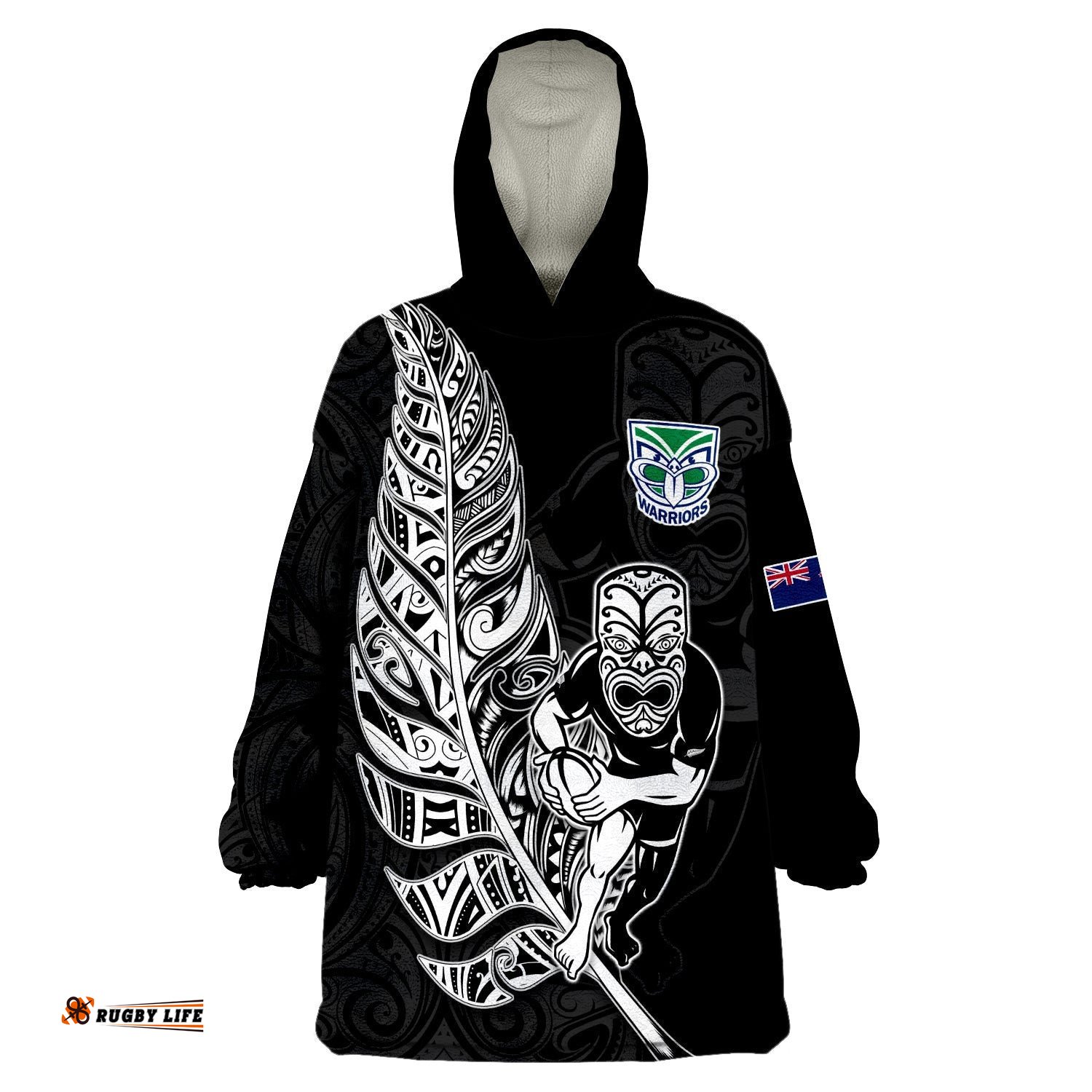 new zealand tiki rugby wearable blanket hoodie nz warriors fern maori style