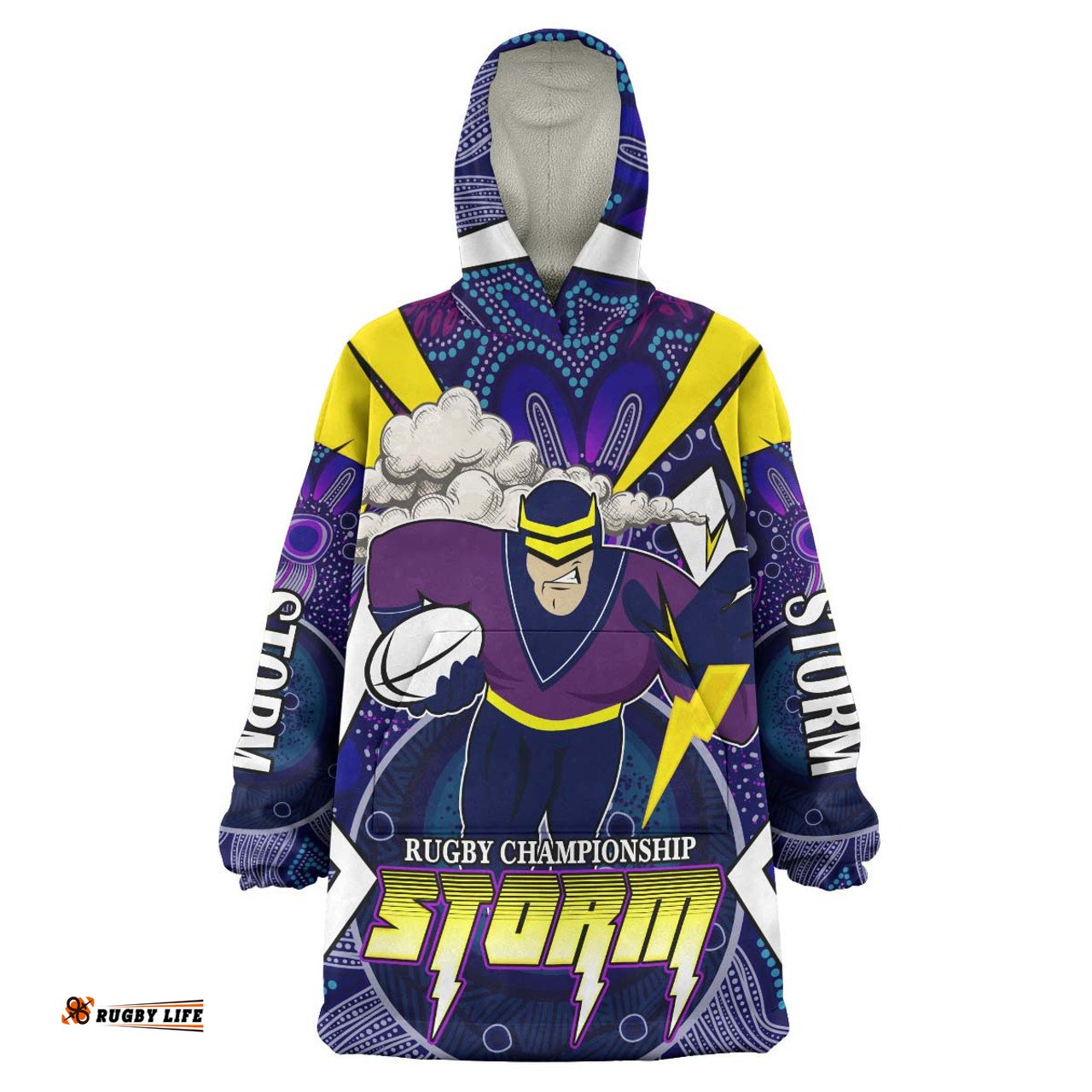 Melbourne Storm Snug Hoodie - Custom Rugby Championship Storms Mascot with Aboriginal Inspired Pattern Player And Number Oodie Blanket