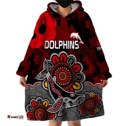 personalised anzac dolphins rugby wearable blanket hoodie indigenous circles and waves