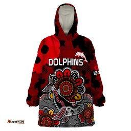 personalised anzac dolphins rugby wearable blanket hoodie indigenous circles and waves