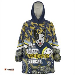 North Queensland Cowboys Snug Hoodie - Tropical Patterns And Dot Painting Eat Sleep Rugby Repeat