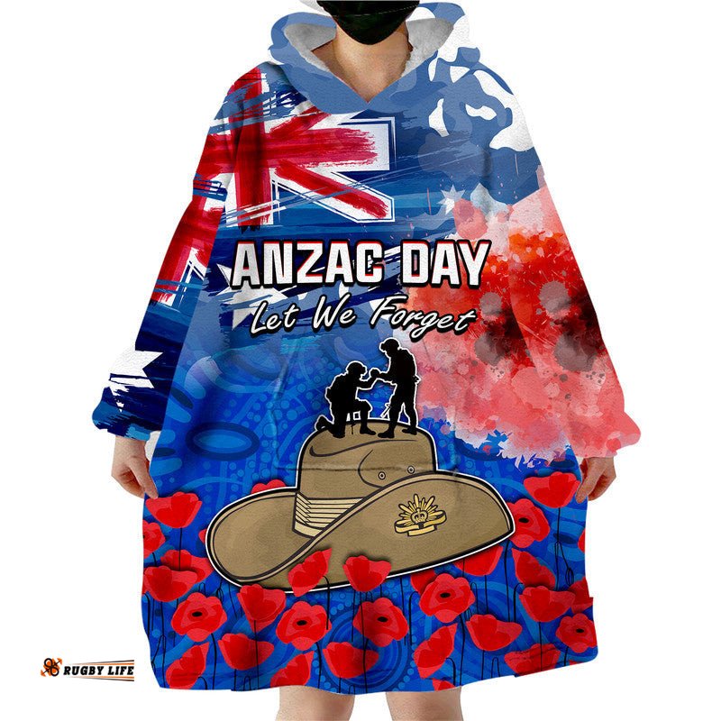 custom personalised australia anzac day wearable blanket hoodie grunge australia flag and red poppy
