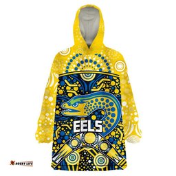 parramatta eels rugby wearable blanket hoodie boomerang indigenous dots