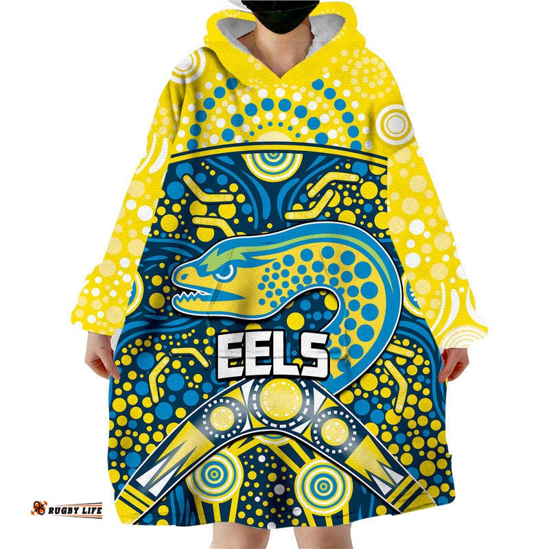 parramatta eels rugby wearable blanket hoodie boomerang indigenous dots