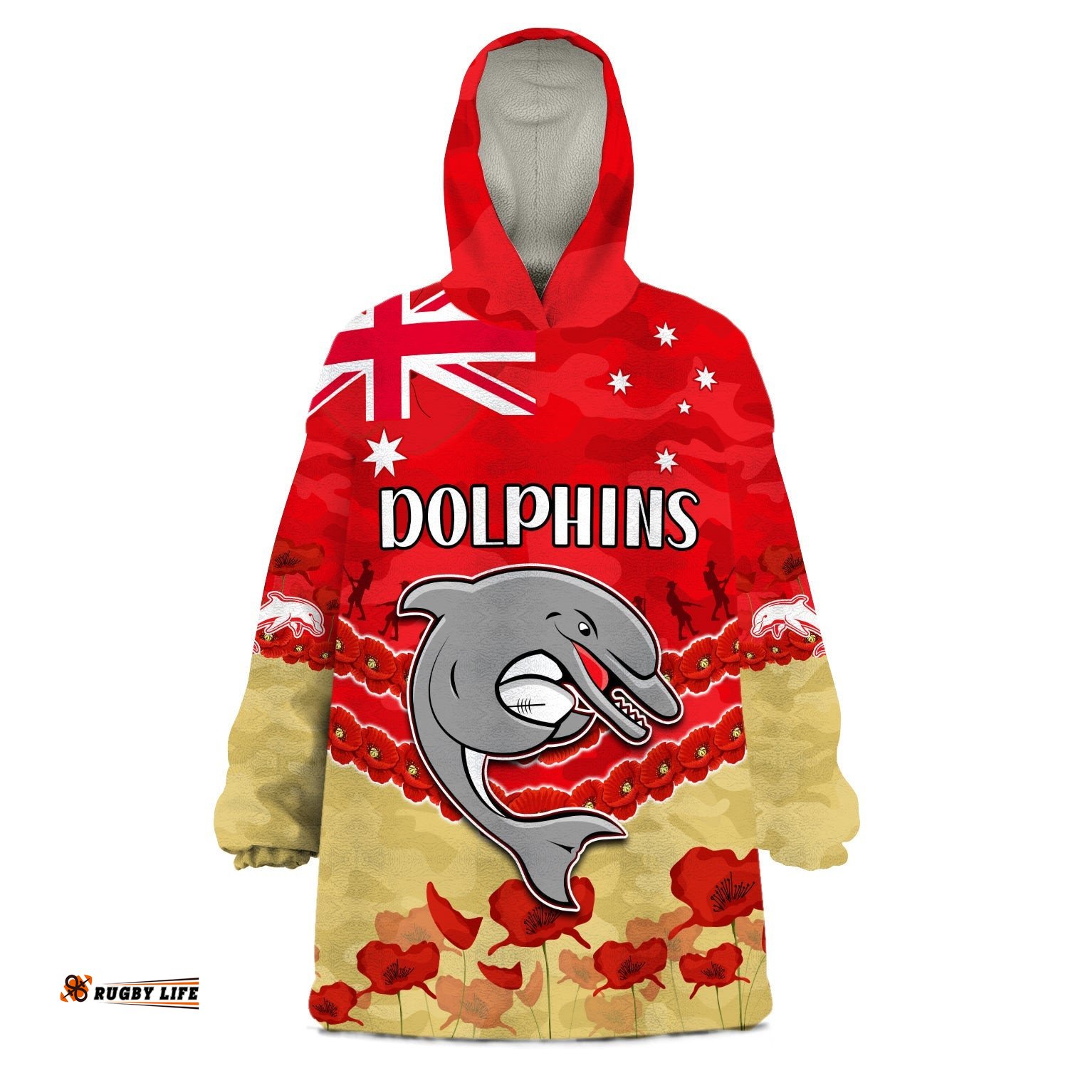 dolphins rugby wearable blanket hoodie anzac day lest we forget