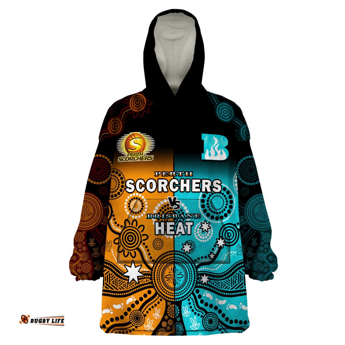 perth scorchers and brisbane heat cricket wearable blanket hoodie aboriginal art