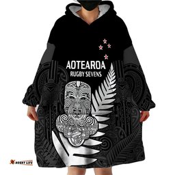 custom text and number aotearoa rugby sevens all black tiki fern wearable blanket hoodie