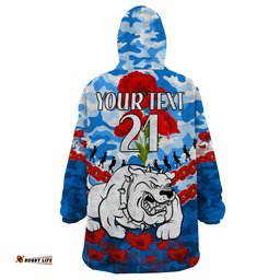 custom text and number bulldogs rugby anzac wearable blanket hoodie lest we forget
