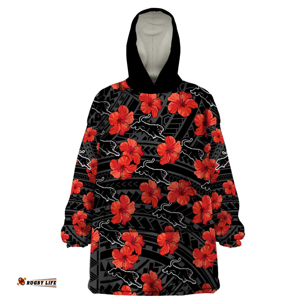 panthers rugby wearable blanket hoodie polynesian style with hibiscus