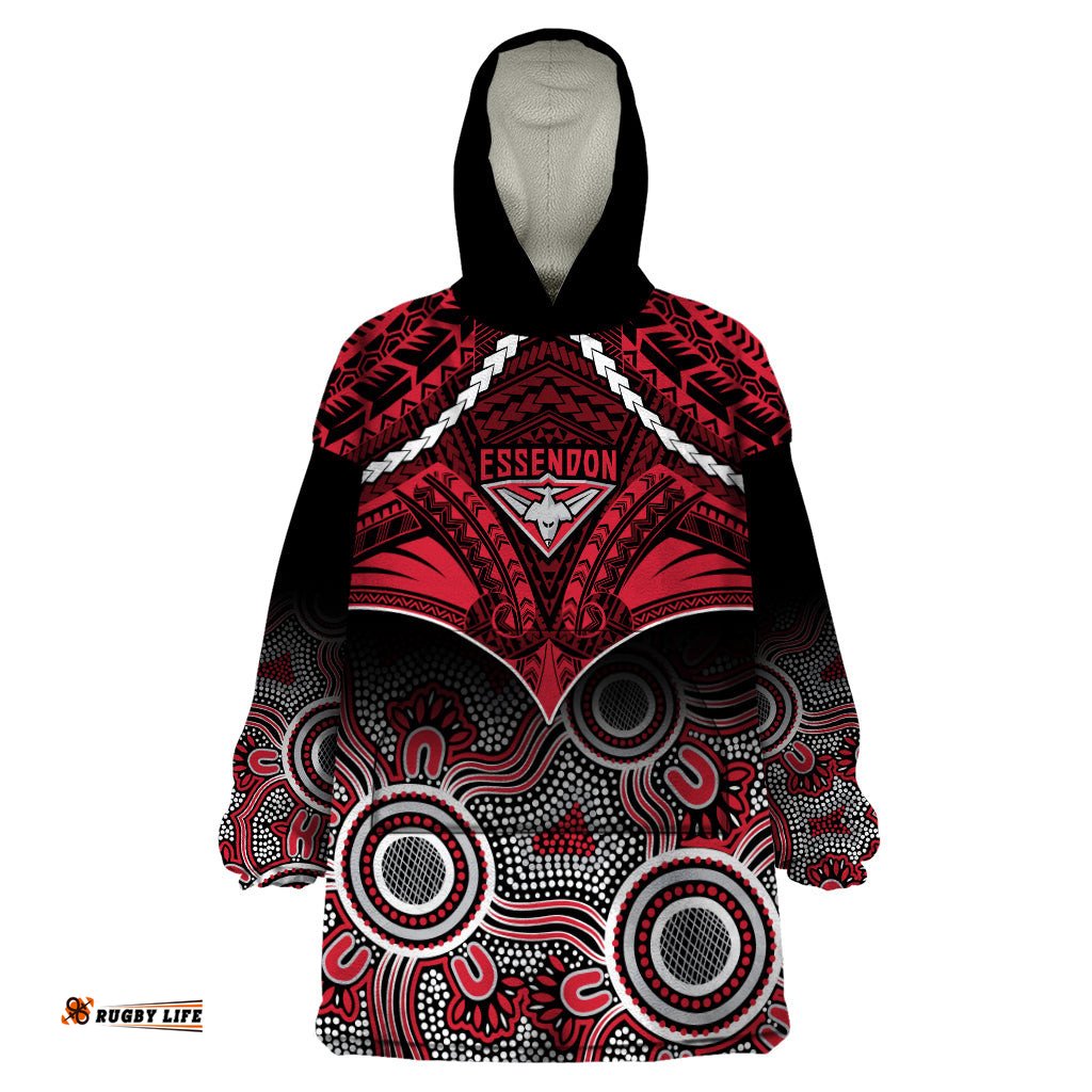 essendon football wearable blanket hoodie bombers aboriginal mix polynesian pattern