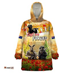 australia and new zealand anzac day wearable blanket hoodie kangaroo and kiwi bird soldiers lest we forget lt05