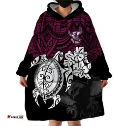 custom sea eagles rugby wearable blanket hoodie silvertails hibiscus and turtle with polynesian pattern