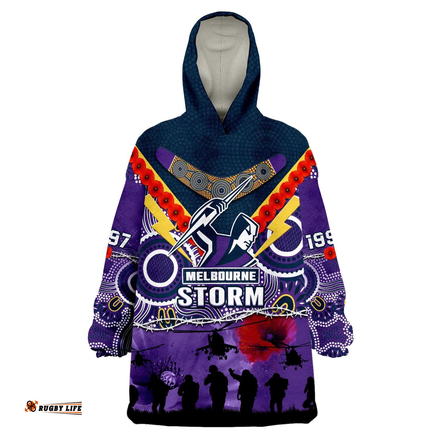 melbourne storm rugby anzac wearable blanket hoodie indigenous poppy australian army