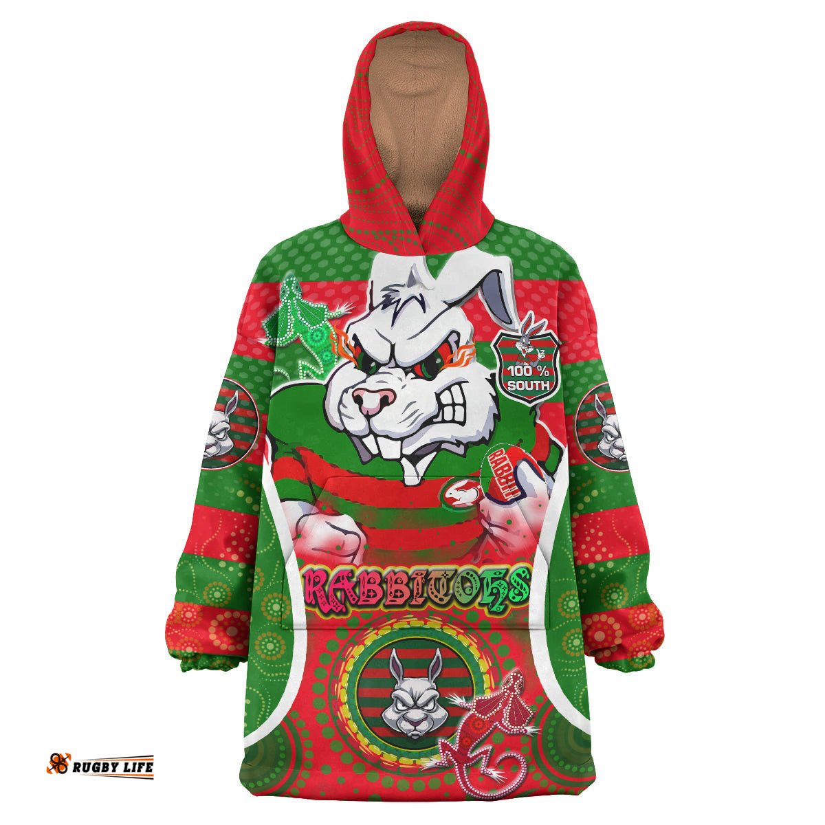 rabbitohs rugby snug hoodie custom angry rabbitohs 100 south personalised player and number aboriginal pride oodie blanket