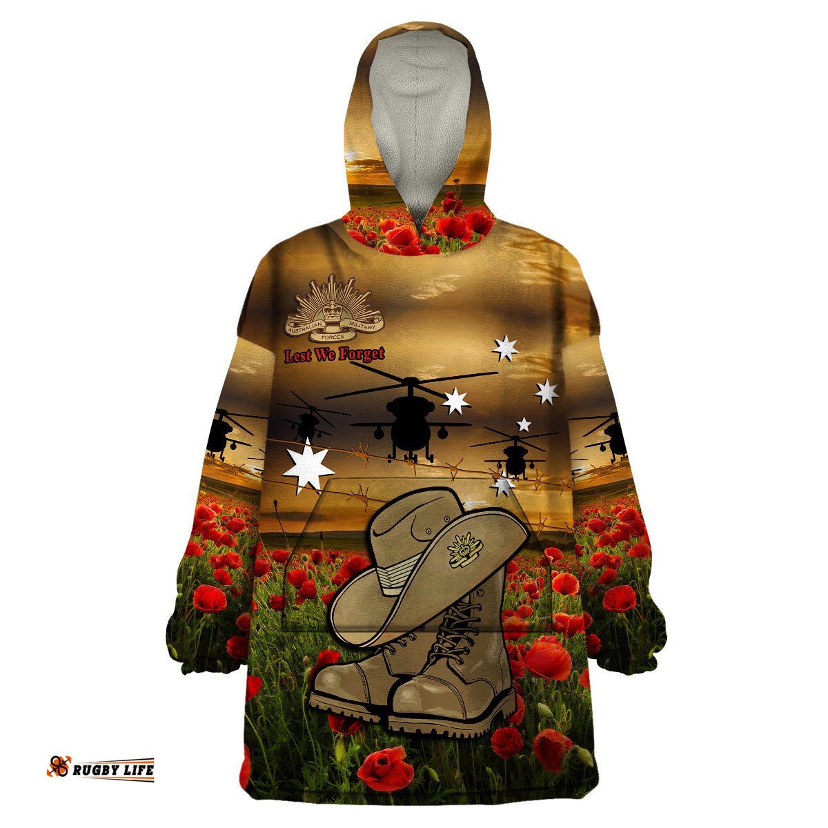 australian anzac wearable blanket hoodie slouch hat and army boots with poppy