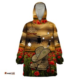 australian anzac wearable blanket hoodie slouch hat and army boots with poppy