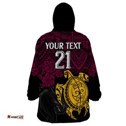 custom broncos rugby wearable blanket hoodie brisbane hibiscus and turtle with polynesian pattern