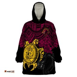 custom broncos rugby wearable blanket hoodie brisbane hibiscus and turtle with polynesian pattern