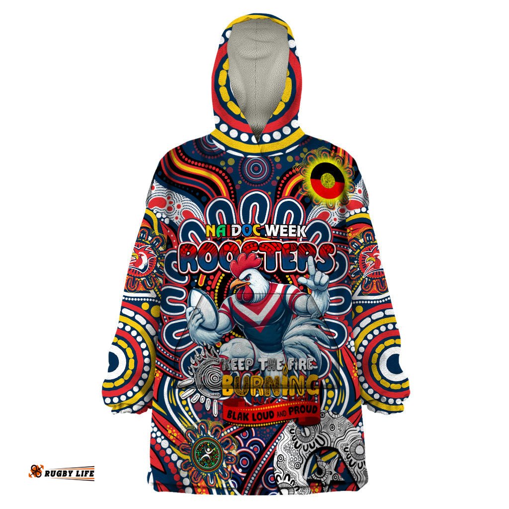 custom naidoc week 2024 roosters wearable blanket hoodie mascot rugby dt02