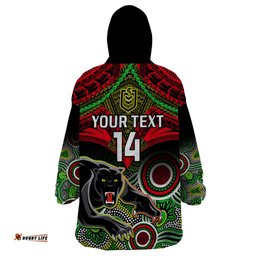personalised panthers rugby wearable blanket hoodie penrith 1966 aboriginal mix polynesian pattern