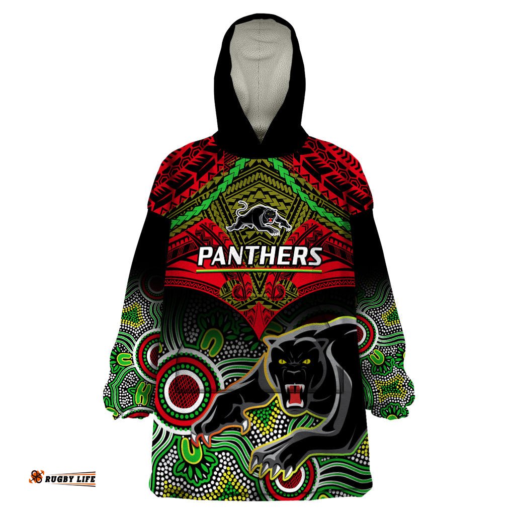 personalised panthers rugby wearable blanket hoodie penrith 1966 aboriginal mix polynesian pattern