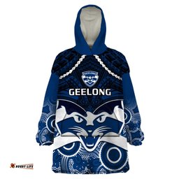 geelong football wearable blanket hoodie go cats aboriginal mix polynesian pattern