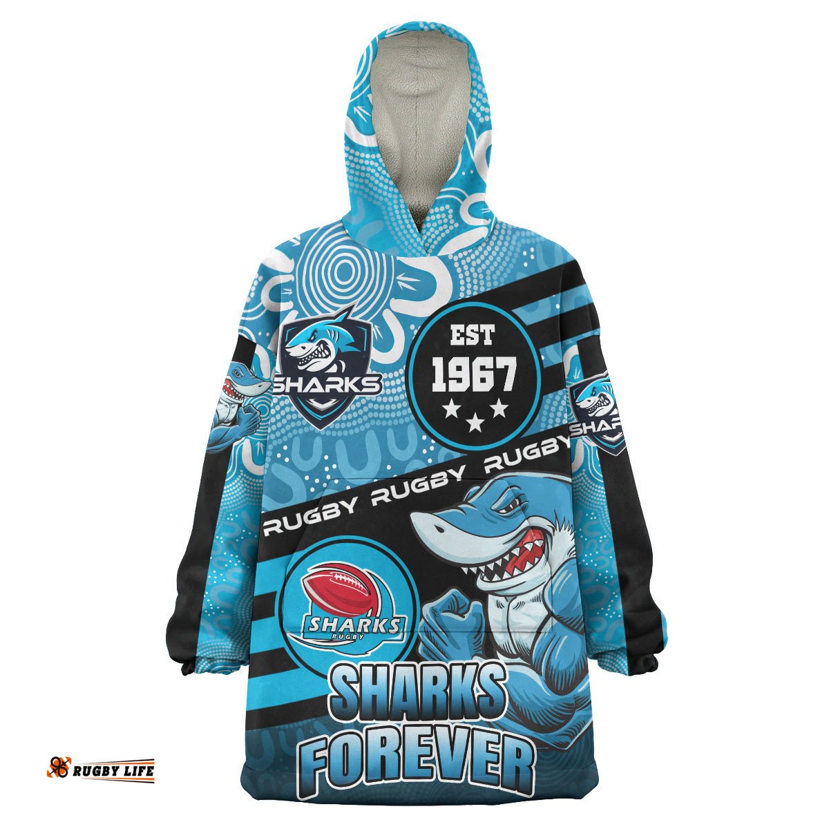 sharks rugby snug hoodie custom rugby ball go sharks aboriginal patterns oodie blanket
