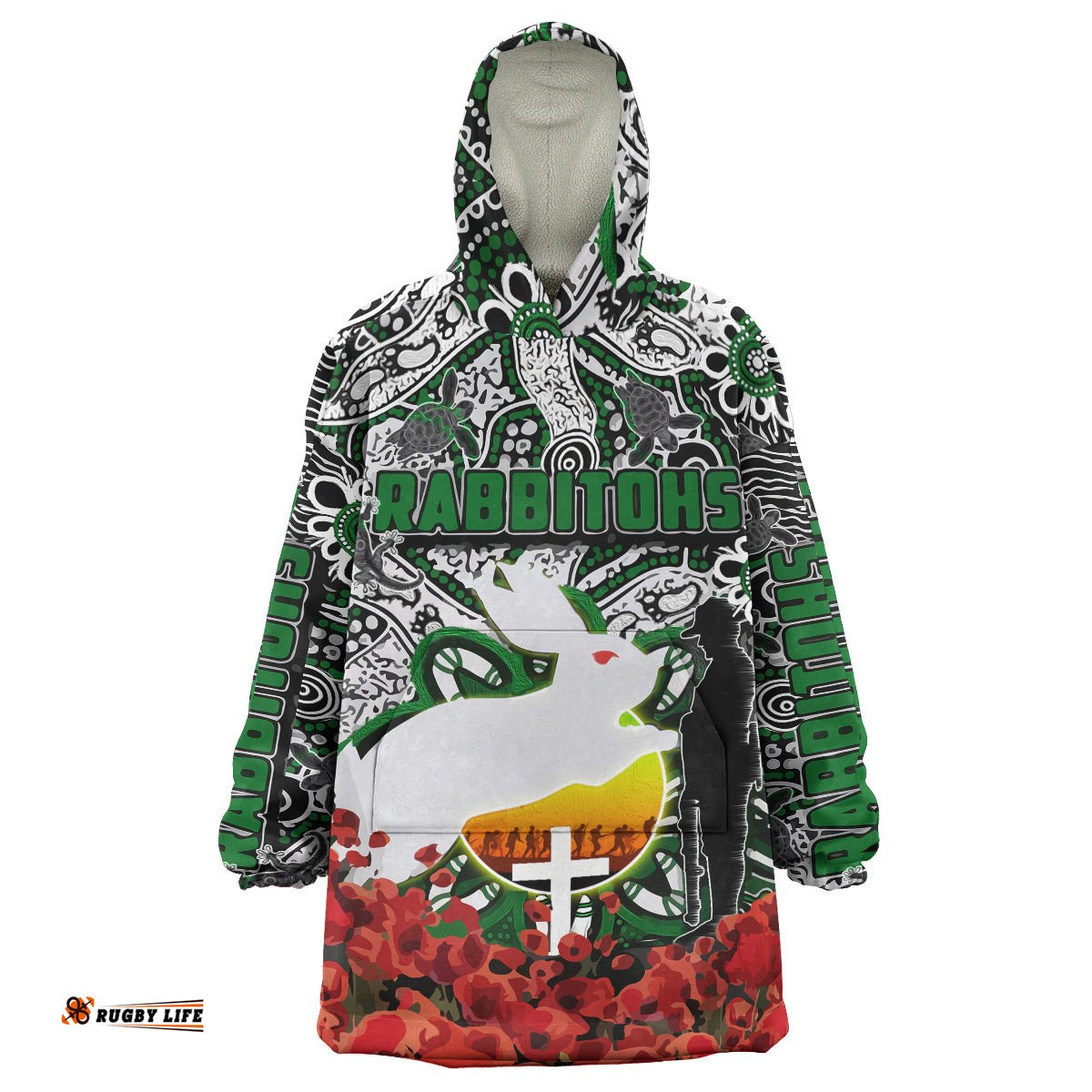 rabbitohs rugby anzac day watercolor snug hoodie lest we forget indigenous dreaming rabbitohs oodie blanket
