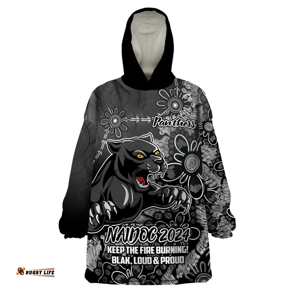 personalised panthers naidoc week 2024 wearable blanket hoodie aboriginal fire burning sparks
