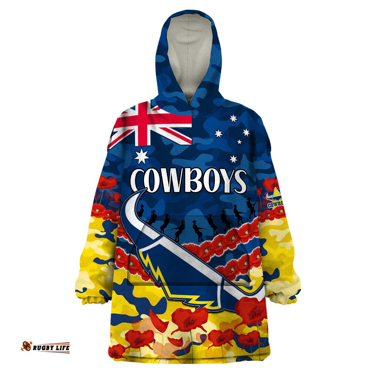 cowboys rugby anzac wearable blanket hoodie lest we forget