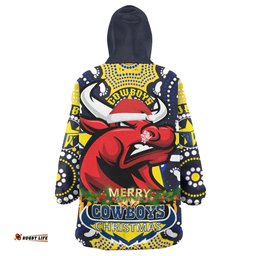 cowboys rugby christmas custom snug hoodie merry christmas north queensland cowboys with aboriginal dot art painting footprints oodie blanket