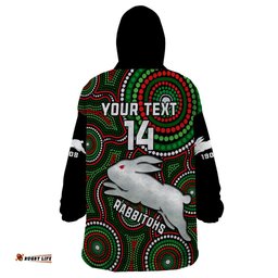 personalised rabbitohs rugby wearable blanket hoodie souths 1908 indigenous art