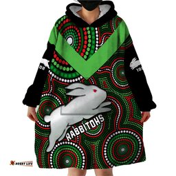 personalised rabbitohs rugby wearable blanket hoodie souths 1908 indigenous art