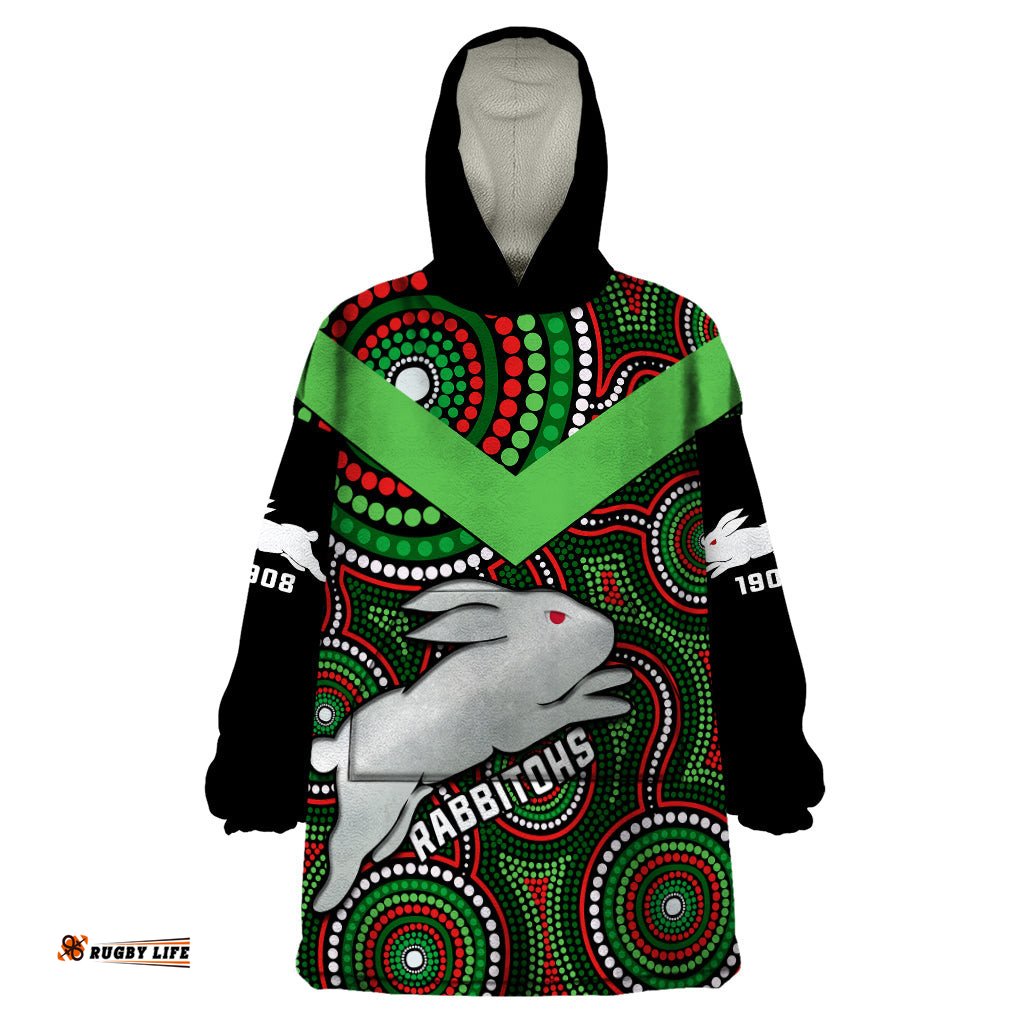personalised rabbitohs rugby wearable blanket hoodie souths 1908 indigenous art