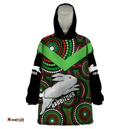 personalised rabbitohs rugby wearable blanket hoodie souths 1908 indigenous art