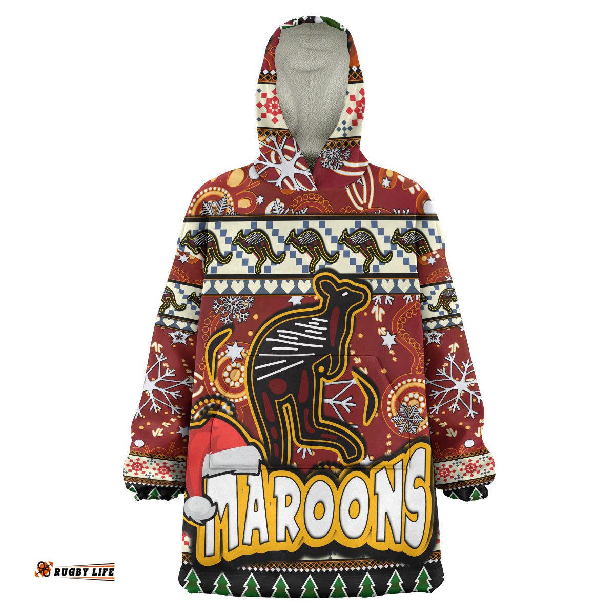 maroons rugby christmas snug hoodie custom xmas maroons christmas balls snowflake with aboriginal patterns wearable blanket hoodie