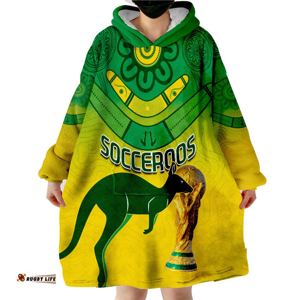 custom text and number australia soccer wearable blanket hoodie world cup socceroos we are champions