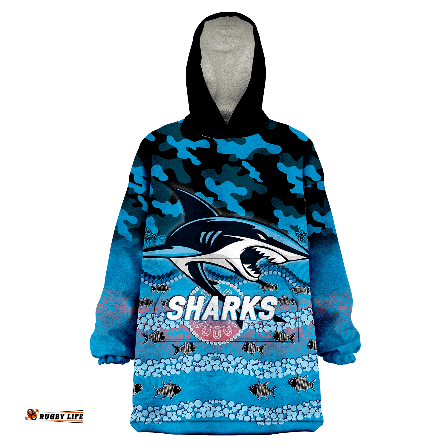 sharks rugby anzac day camouflage indigenous art wearable blanket hoodie