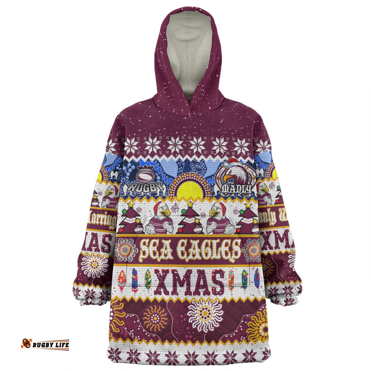 Manly Warringah Sea Eagles Christmas Aboriginal Custom Snug Hoodie - Indigenous Knitted Ugly Xmas Style Snug Hoodie