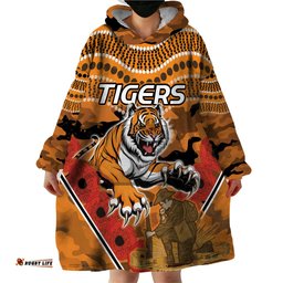 custom wests tigers rugby anzac wearable blanket hoodie aboriginal and army patterns