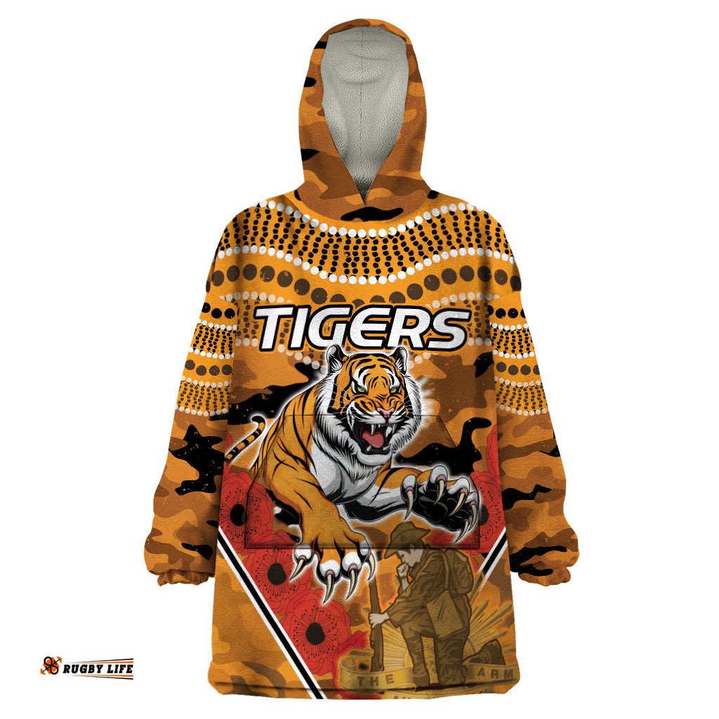 custom wests tigers rugby anzac wearable blanket hoodie aboriginal and army patterns