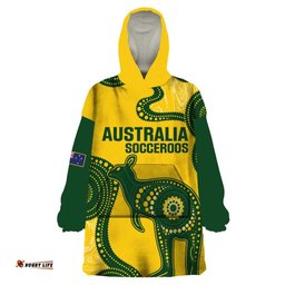 custom australia soccer wearable blanket hoodie go socceroos kangaroo with indigenous art