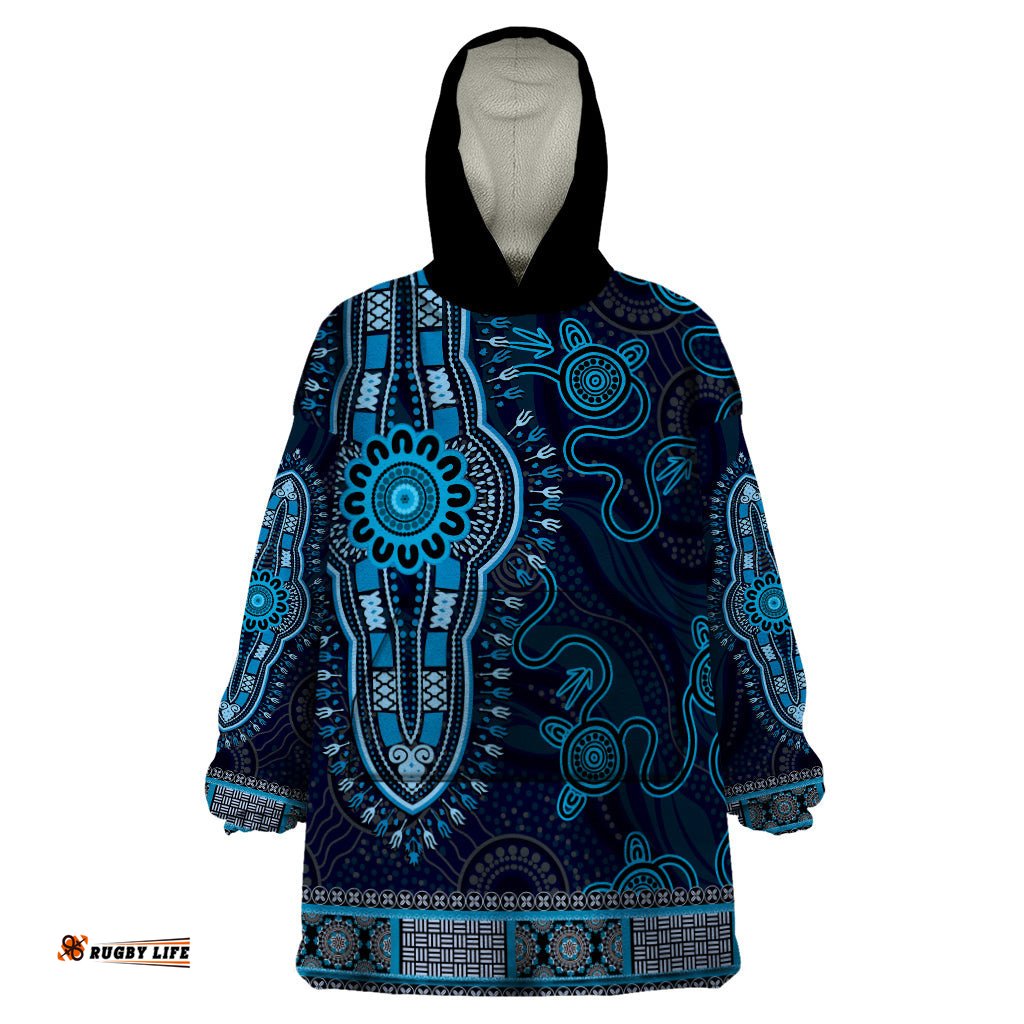 blue african dashiki with australia aboriginal art wearable blanket hoodie