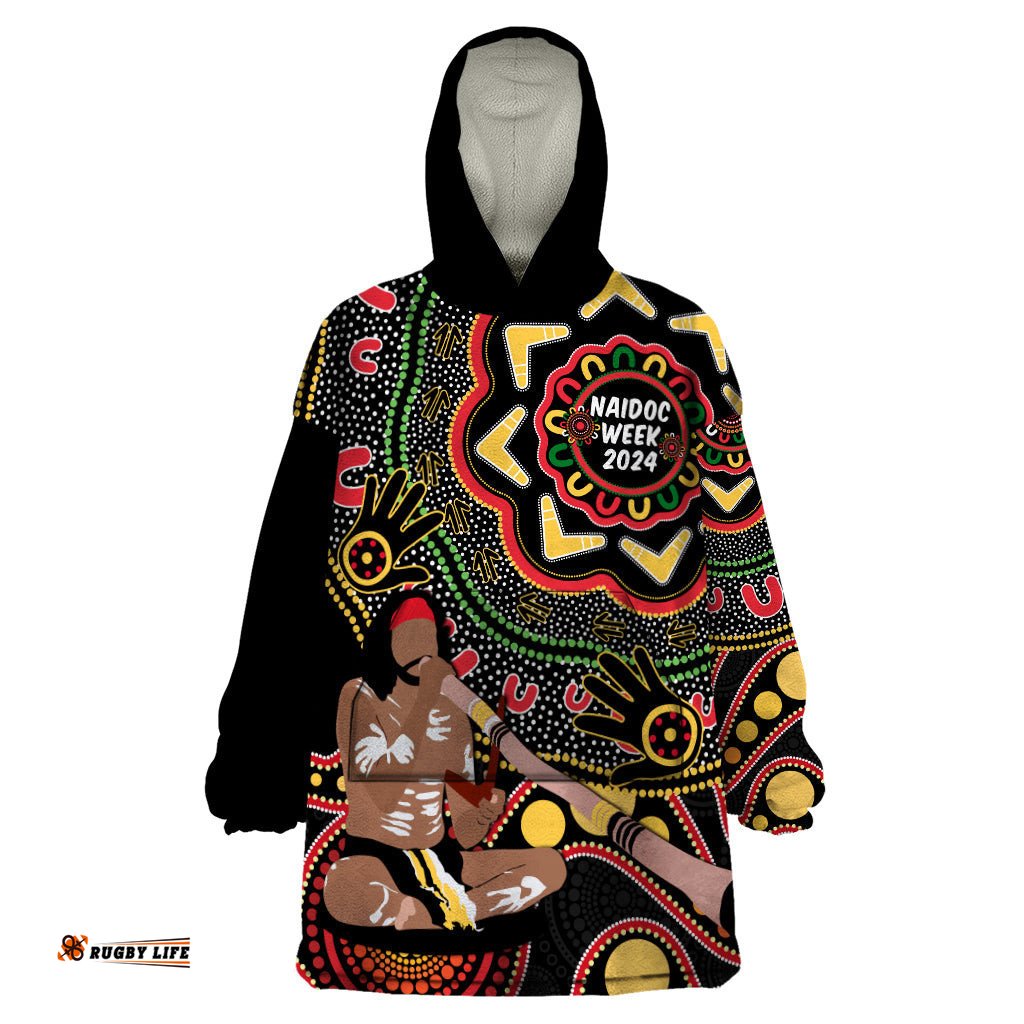 australia didgeridoo naidoc week 2024 wearable blanket hoodie keep the fire burning blak loud and proud