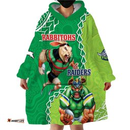 personalised rabbitohs and raiders rugby wearable blanket hoodie aboriginal mix polynesian pattern
