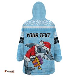 nrl cronulla sutherland christmas personalised wearable blanket hoodie with sharkies santa