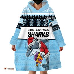 nrl cronulla sutherland christmas personalised wearable blanket hoodie with sharkies santa