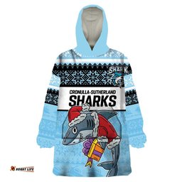 nrl cronulla sutherland christmas personalised wearable blanket hoodie with sharkies santa