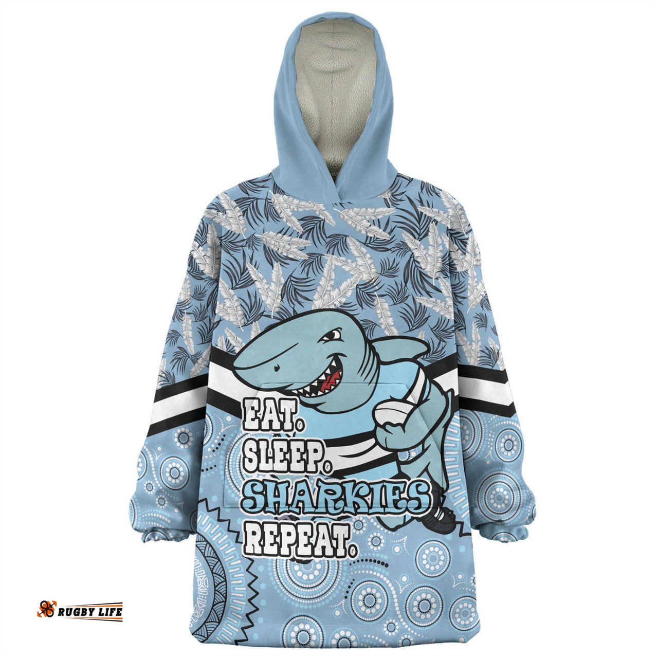 Cronulla-Sutherland Sharks Snug Hoodie - Tropical Patterns And Dot Painting Eat Sleep Rugby Repeat
