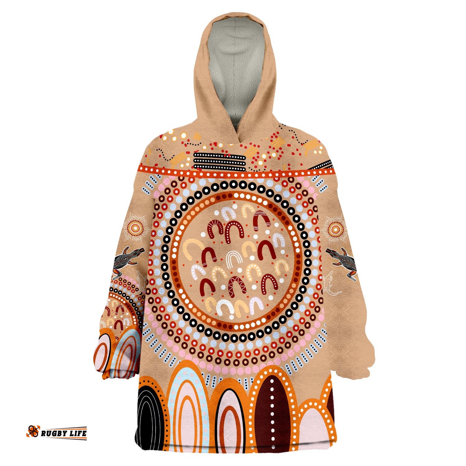 custom text and number aboriginal stand up circle dot with lizard version peachpuff wearable blanket hoodie